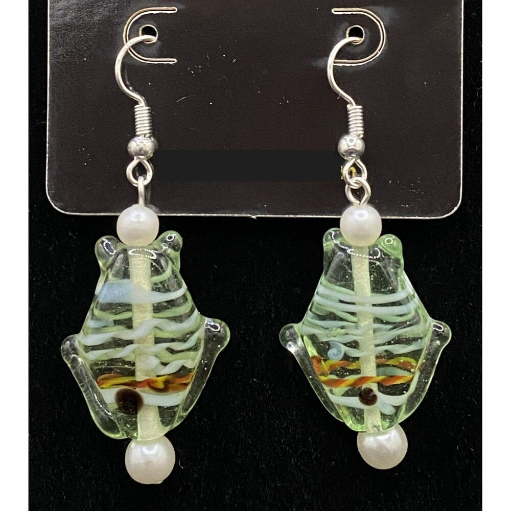 Handmade Glass Fish & Faux Pearl Bead Earrings by Neanie-Bot